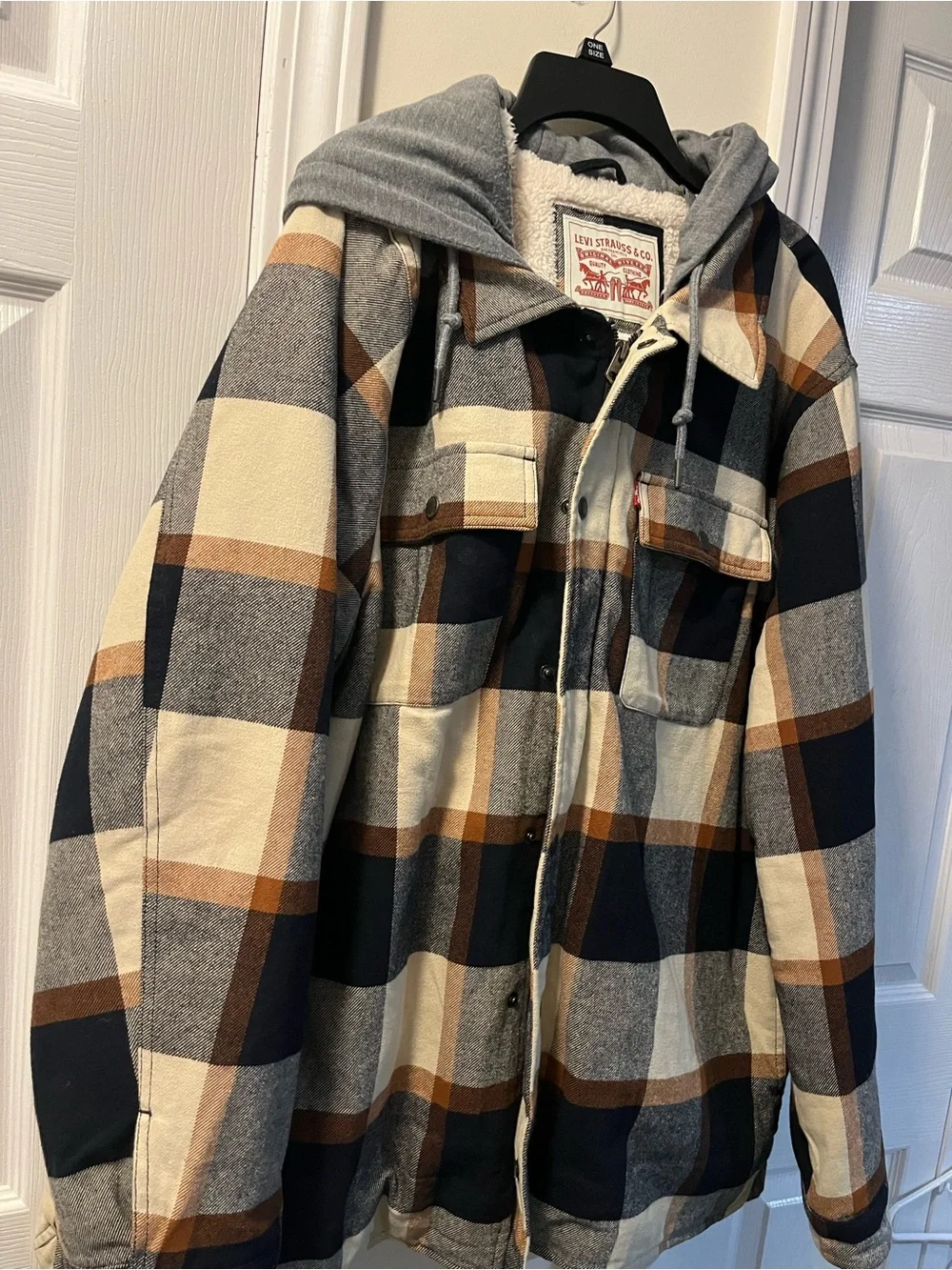 Levis Sherpa Lined Hooded Flannel Jacket Mens XXL Plaid Full Zip Cotton Shacket